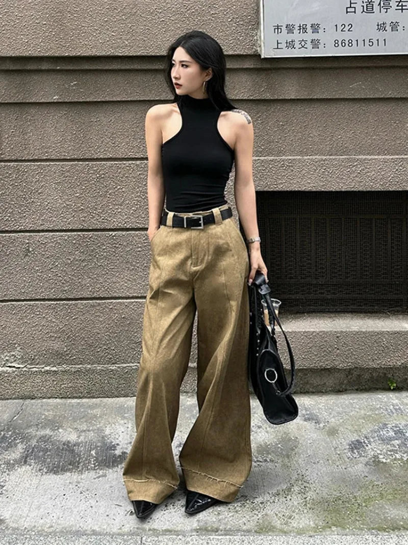 Aiertu  -  American Fashion Simple Khaki Casual Pants Women Y2K High Street Retro Loose Harajuku Street High Waist Straight Trousers Aiertu