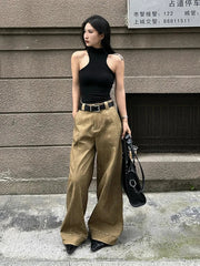 Aiertu  -  American Fashion Simple Khaki Casual Pants Women Y2K High Street Retro Loose Harajuku Street High Waist Straight Trousers Aiertu