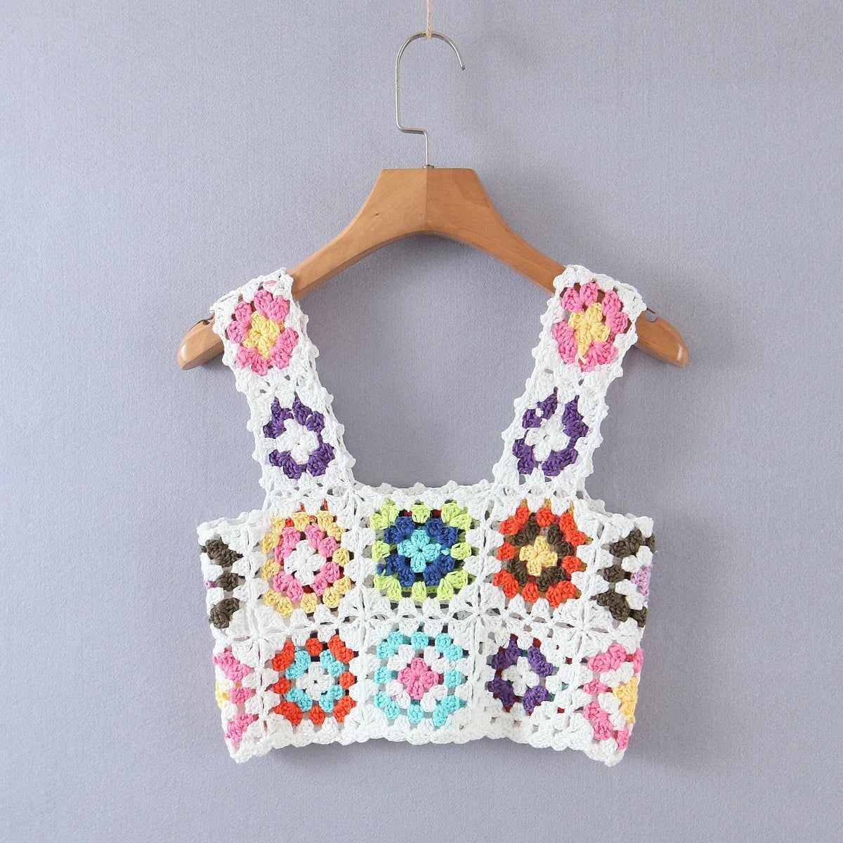 Aiertu  -  Summer Hollow Out Crochet Top Women Cute Cropped Tops Retro Cool Girl Rainbow Short Tee Holiday Top and Tees Aiertu