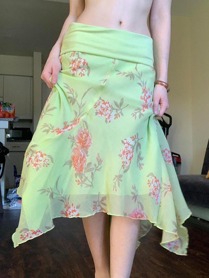 Aiertu  -Foldover Floral Printed Mesh Double Midi Skirt aiertu