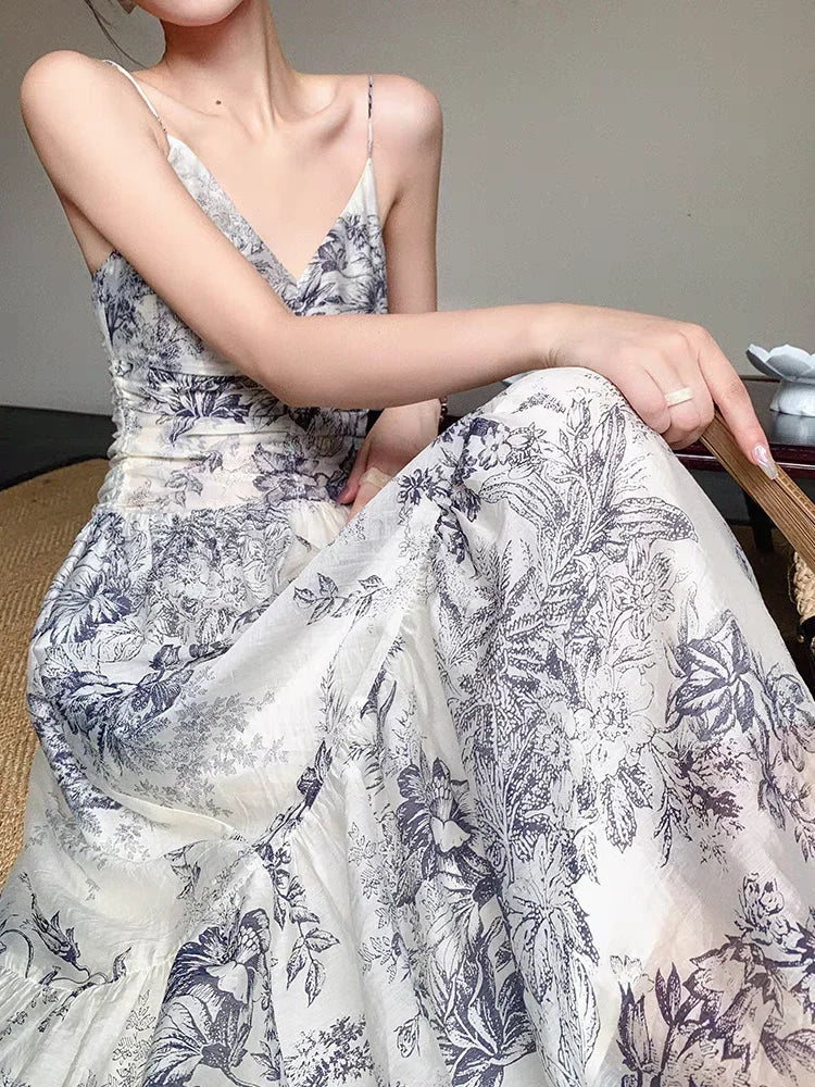 Aiertu Summer Vintage Floral Beach Long Dresses Women Elegant Spaghetti Strap Party Prom Robe Female A-line Chiffon V-neck Clothes chic Aiertu