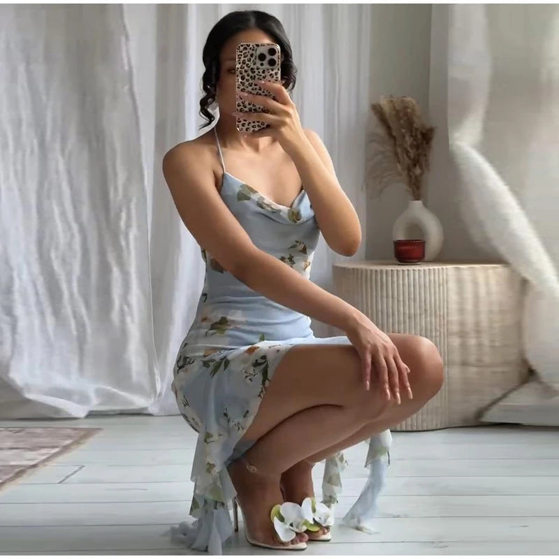 Aiertu  -  Sleeveless Flower Print Dress Woman 2025 Tulle Mini Dresses For Women Summer Backless Sexy Dress Elegant Party Dresses Aiertu