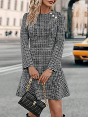 Aiertu  -  Stripe Knit Elegant Mini Dress Female High Waist Patchwork Ruffle Short Dresses Women's Commuting Vintage Knitwear Dress Aiertu