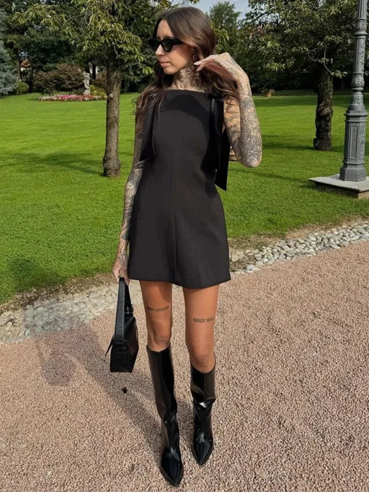 Aiertu  -  Black Elegant Velvet Bow Strap Mini Dress for Women Chic Square Collar Slip Vintage Dress Female Club Party Dress Evening Gown Aiertu