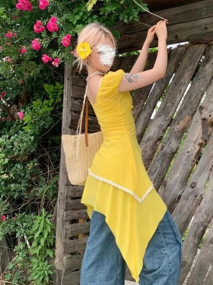 Aiertu  Summer Lace Patchwork Y2k Aesthetic Dresses Streetwear Women Irregular Grunge Dress Harajuku Puff Sleeve Sweet Mini Vestidos Aiertu