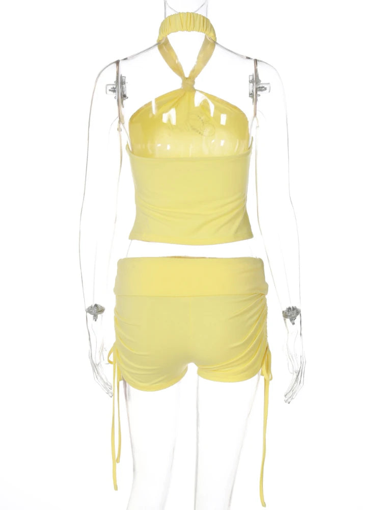 Aiertu  -  Woman Clothing Halter Neck Rhinestones Crop Top+Shirring Shorts 2 Piece Set Y2K Streetwear Girls Summer Super Short Pants Suit Aiertu