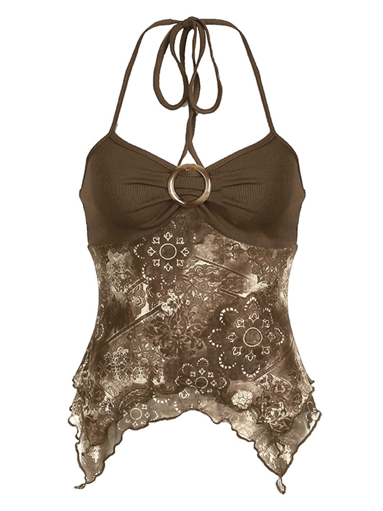 Aiertu - summer inspo Hot Retro Forest Green Vintage Print Boho Y2K Camisole Backless Halter Tie Asymmetrical Tops Women Summer Vacation Clothing Aiertu