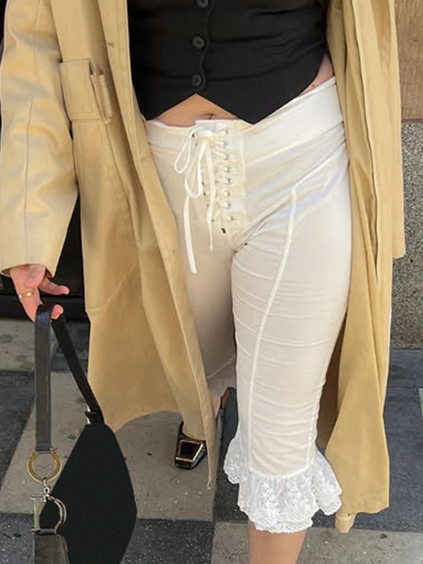 Aiertu  -  Holiday Solid Lace Trim Bandage Knee Length Pants Sweet Slim Mid-Waisted Pants Women 2026 Summer Fashion Streetwear Lady Aiertu