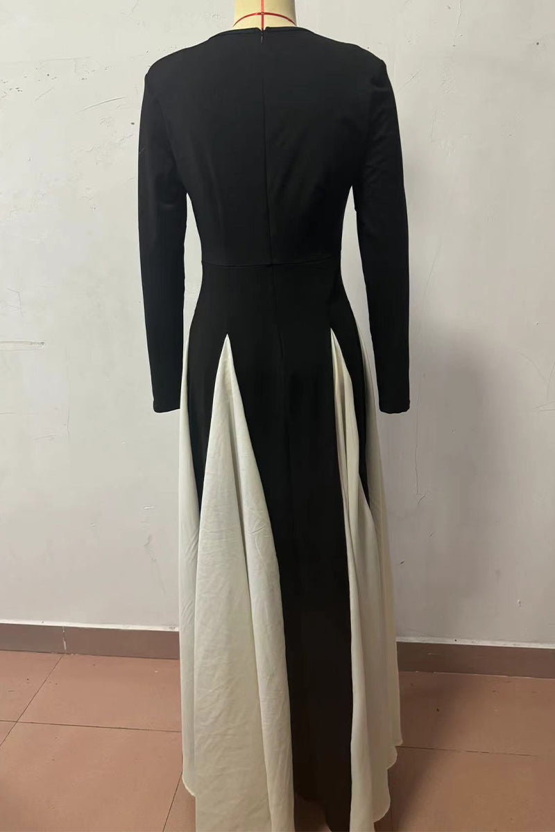 Aiertu  -  Elegant Solid Color Contrast O Neck Long Dresses Aiertu
