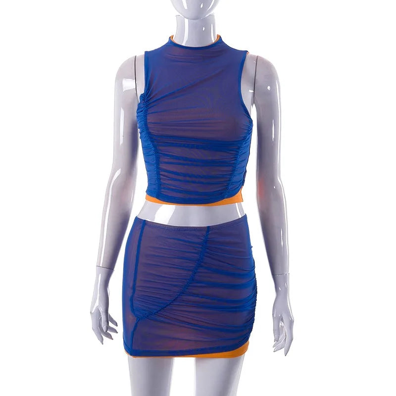 Aiertu  -  Round Neck Patchwork Sleeveless Sheer Mesh Pleated Crop Top Mini Skirt Lady Street Trendsetter Outfit Two Piece Set Aiertu