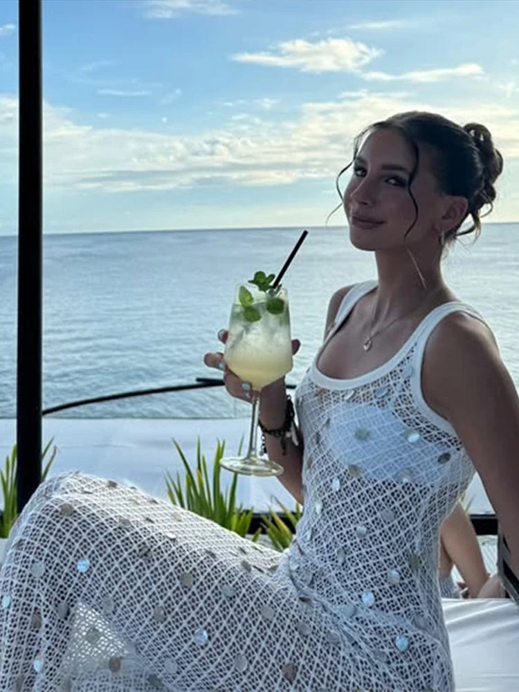 Aiertu  -  Fashion Sequin Knit Dress Women Square Collar Sling Slim Hip Package Long Dresses Female 2025 Spring Summer Chic Beach Lady Gown Aiertu