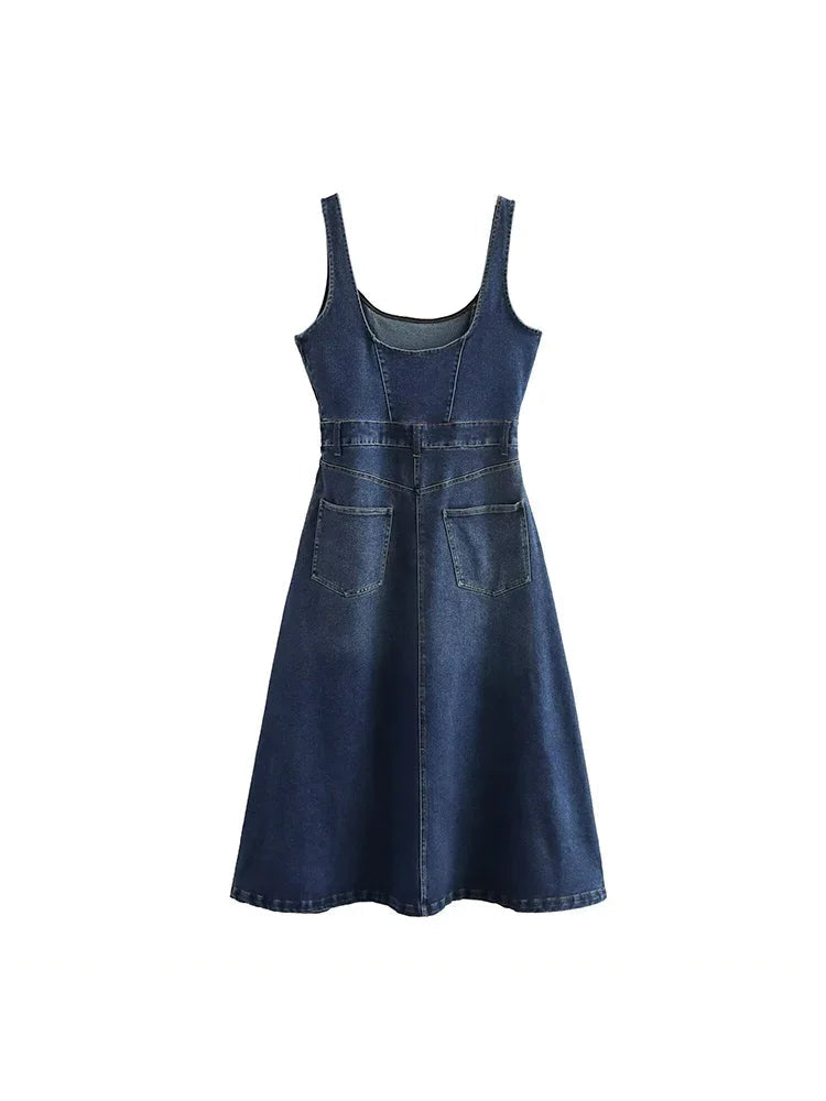 Aiertu  -  Women Fashion Denim Blue Side Zipper Backless Midi Dress Vintage Straps Square Collar Female Chic Lady Dresses Aiertu