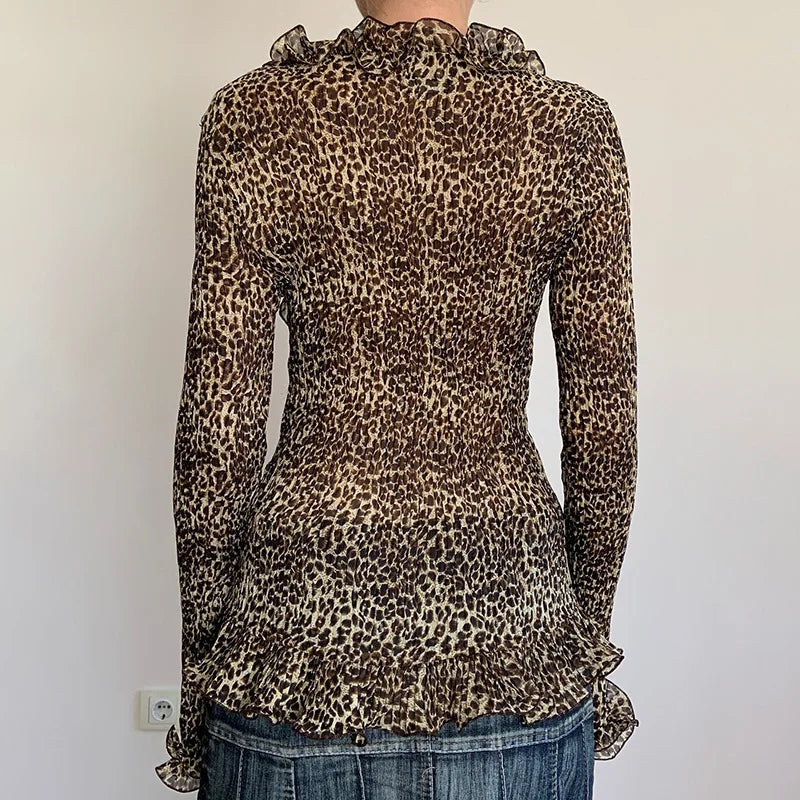 Aiertu  -  Y2k Aesthetic Women Sexy Blouse Leopard Sexy Single Breasted Slim Fit Grunge Shirt Harajuku Ruffled See Through Streetwear Blusa Aiertu
