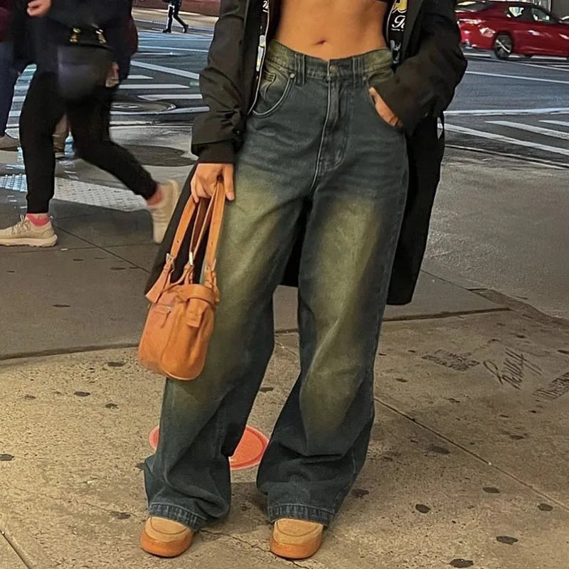 Aiertu  -  Baggy Casual Wide Leg Jeans Women Streetwear Washed Denim Trousers Female Vintage 90s High Waist Straight Pants 2025 Spring Aiertu
