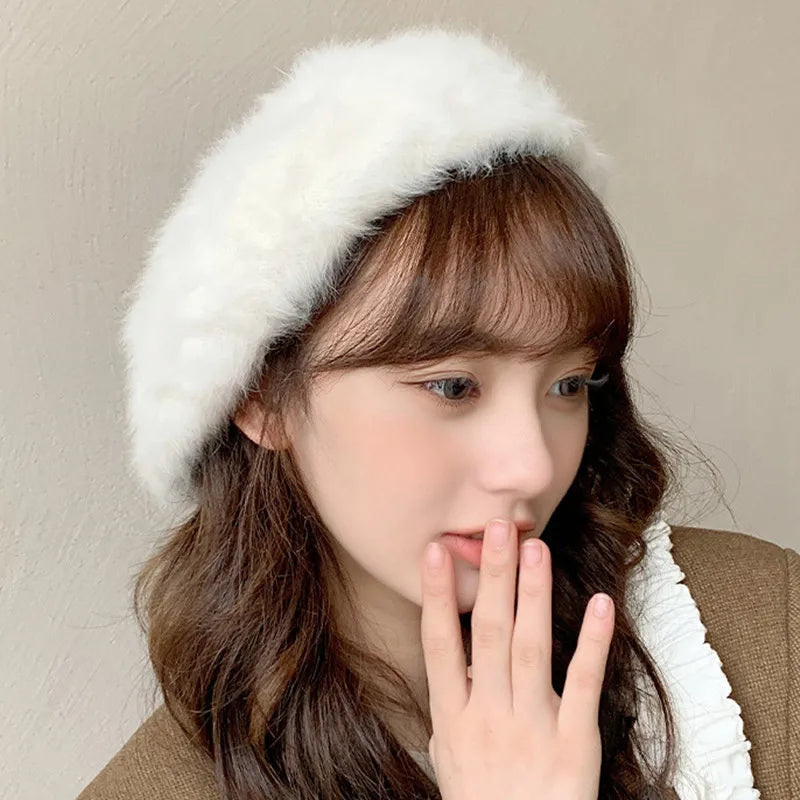 Aiertu  -  Winter Rabbit Fur Soild Color Beret Hats Women For Adjustable Elastic Band Warm Beret Elegant Soft French Artist Beanie Hat Girl Aiertu