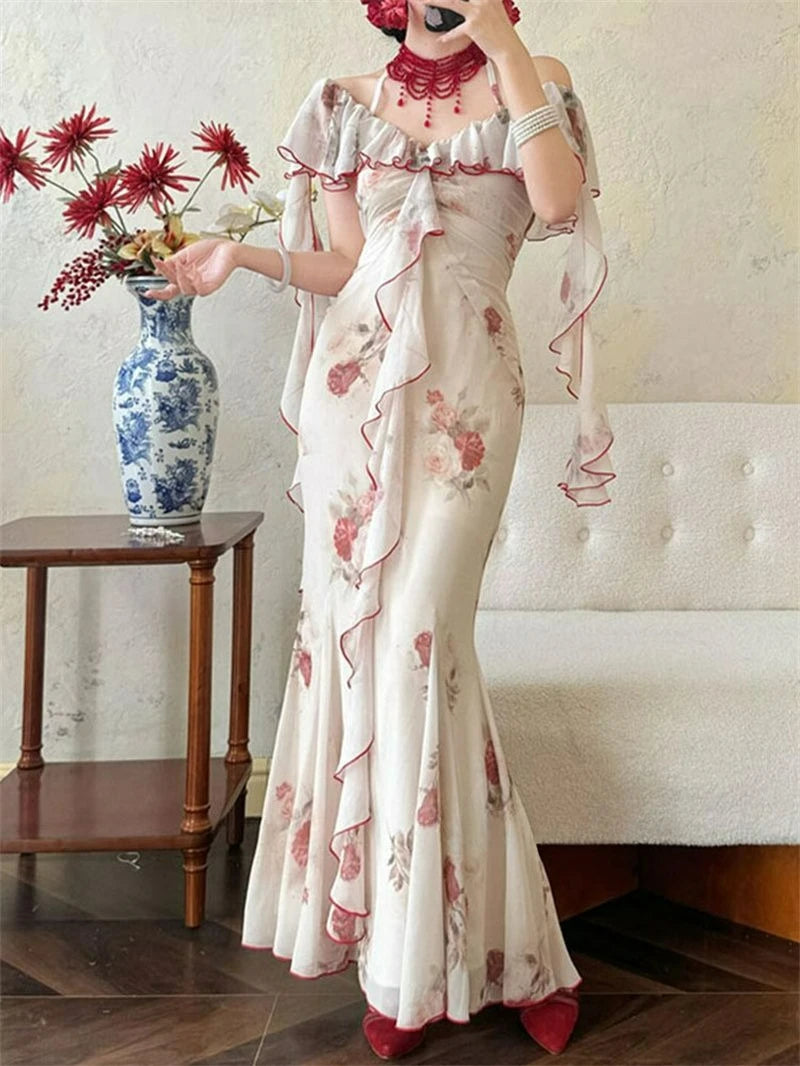 Aiertu  -  Women Off Shoulder Ruffle Maxi Dress Elegant Floral Print Slim Fit Long Dress Vintage Fairy Style Summer Party Dress 2025 New Aiertu
