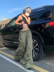 Aiertu  -  Green Women Cargo Pants Parachute Oversize Straight Leg Trousers Low Waist Sweatpants Casual Drawstring Side Pocket Alt Aiertu
