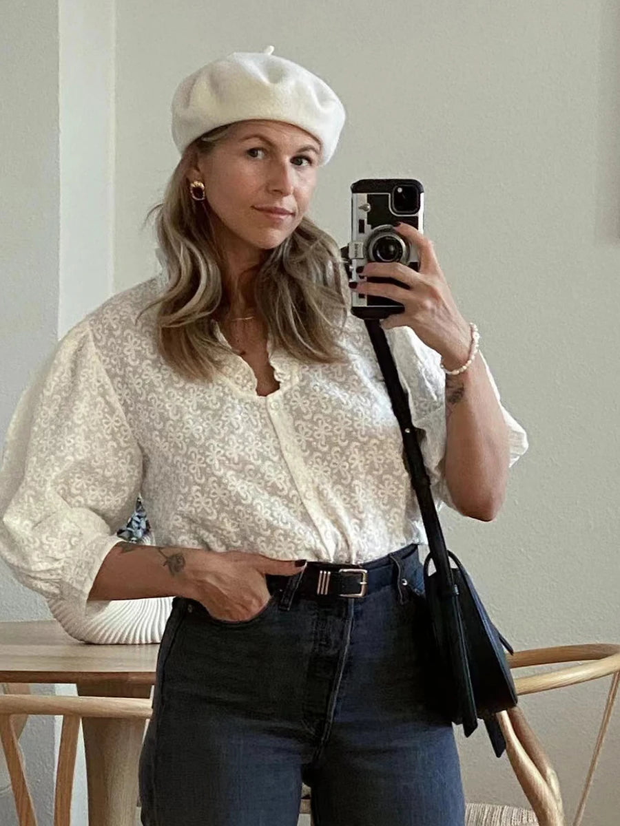 Aiertu  -   Bow Embroidery White Blouse Women Spring New Ruffle V Neck Puff Sleeve Shirts Tops Female French Elegant Casual Fashion Blouses Aiertu