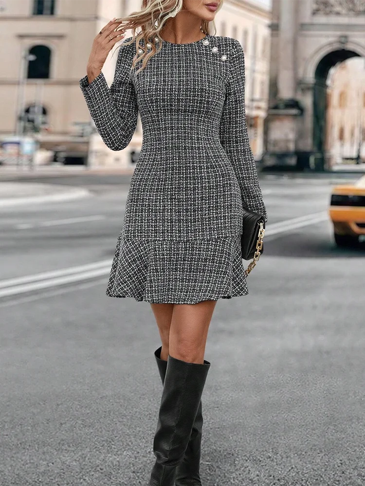Aiertu  -  Stripe Knit Elegant Mini Dress Female High Waist Patchwork Ruffle Short Dresses Women's Commuting Vintage Knitwear Dress Aiertu