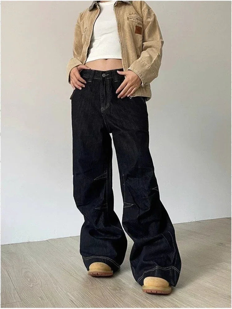 Aiertu  -  Grunge Black Jeans Women Y2k Vintage Oversized High Street Wide Cargo Denim Trousers Casual Baggy Straight Denim Pants Aiertu