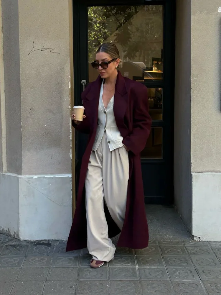 Aiertu     -  Fall Outfits 2026 Women Burgundy Red Padded Shoulder Coats Fashion Double Breasted Casual Lapel Outerwear New Autumn Winter Female Street Overcoat Aiertu