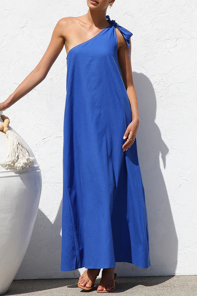 Aiertu  -Casual Solid Color Lace Up Sloping Shoulder Irregular Dresses aiertu