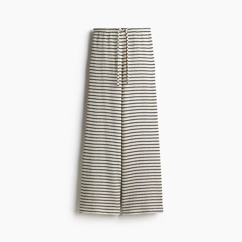 Aiertu  -  Striped Knitted Pullover Pants Sets Women Polo Collar Short Sleeve Tops Straight Trousers Suits Commute Summer 2026 Loose Outfit Aiertu