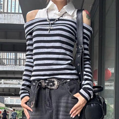 Aiertu  -  Japanese Spring Autumn High Street Spliced Design  Tops Y2k Aesthetic Harajuku Punk Constrast Color Striped Shirts Girl Clothes Aiertu