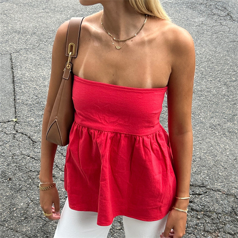 Aiertu  -  Womens's Ruffle Tube Tops Strapless Smocked Tank Top Sleeveless Pleated Peplum Bandeau Blouse Flowy Going Out Tops Streetwear Aiertu