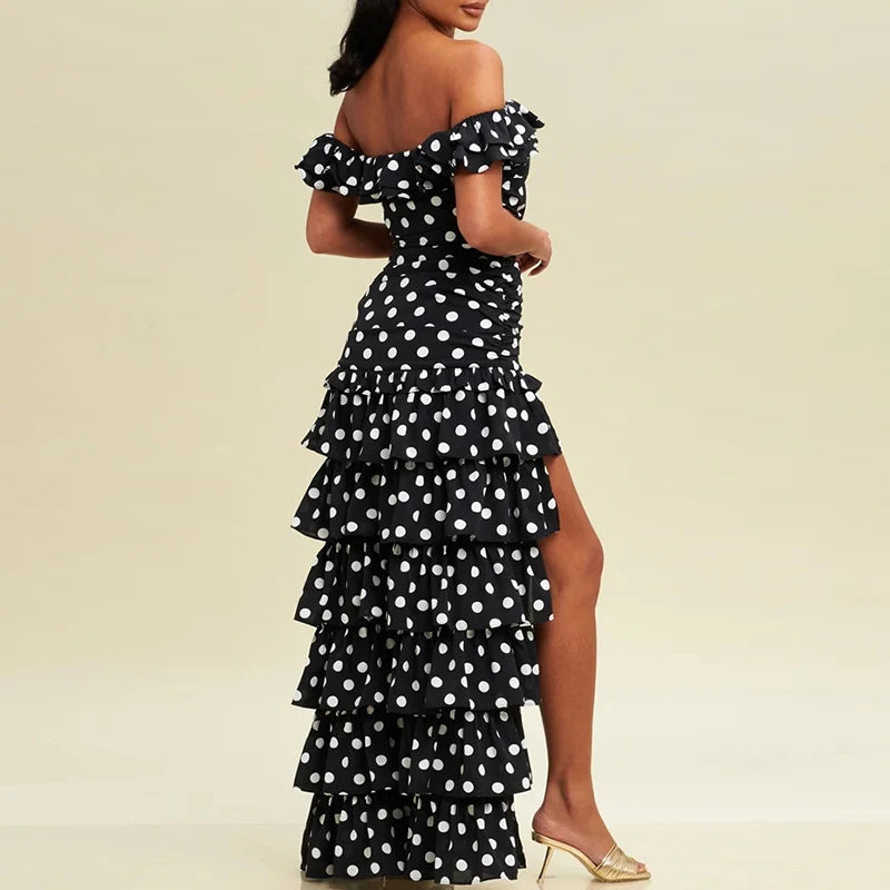 Aiertu  -  Polka Print Off Shoulder Women's Party Dress Elegant Ruffle Slim Irregular Long Dress Fashion Summer Split Layered Cake Dresses Aiertu