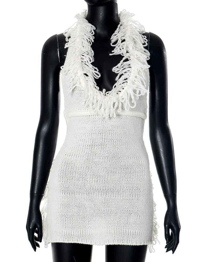 Aiertu   Puss Crochet Halter Dress Women Low-Neck Bandage Backless Stretch Tassel Skinny Sleeveless Street Elegant Mini Bodycon Aiertu