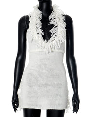Aiertu   Puss Crochet Halter Dress Women Low-Neck Bandage Backless Stretch Tassel Skinny Sleeveless Street Elegant Mini Bodycon Aiertu