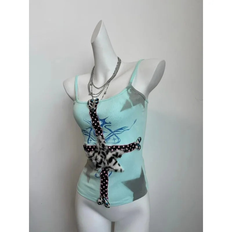 Aiertu  -  Kawaii American hot girl Mint green leopard cross star pattern love print suspender T-shirt for women summer sleeveless slim top Aiertu