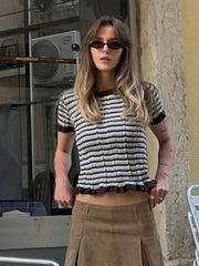 Aiertu  -  Color Striped Knitted Slim T-shirt Women O Neck Ruffle Short Sleeve Tops Tee Shirt Summer New Streetwear Fashion Casual T-shirts Aiertu