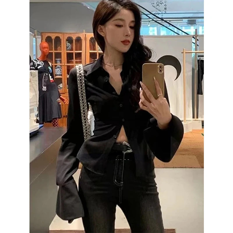 Aiertu Y2K White Blouses Women Sexy Bandage Slim Shirts Office Lady Korean Fashion Black Long Sleeve Waist Tunic Chic Casual Tops Aiertu
