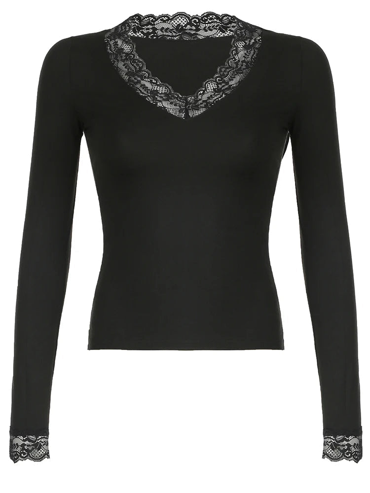 Aiertu 2025 spring fashion trend Lace Patchwork Solid Slim Tee Shirts Long Sleeves V-neck Aesthetic Fashion Clothes Vintage Streetwear Black Tops Aiertu