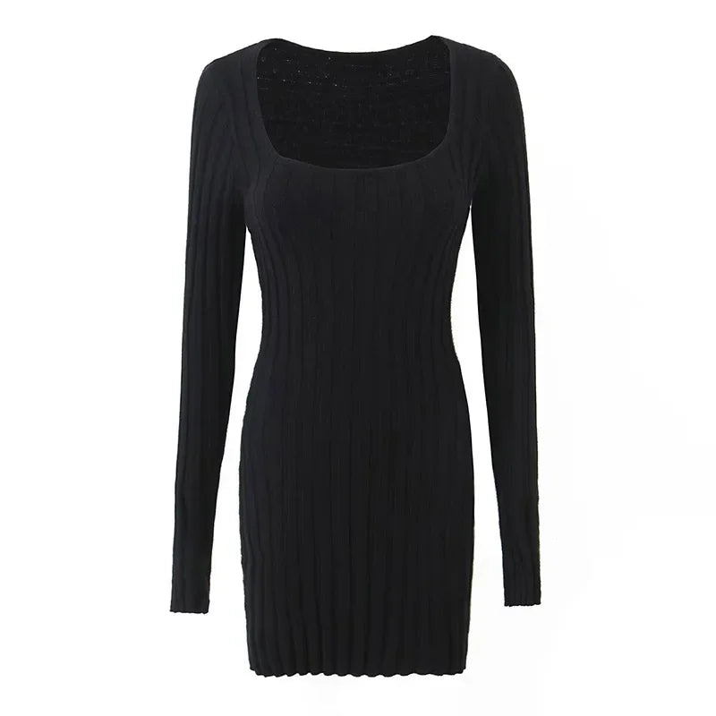 Aiertu  -  Knitted Square Collar Women Dresses Long Sleeve Hip Package Lady Dress 2026 Fashion Elegant Sexy High Waist Slim Lady Mini Robe Aiertu