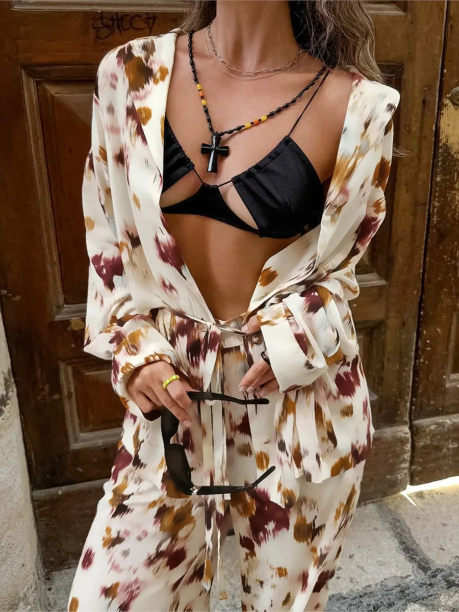 Aiertu  -  Print Casual Pants Sets Women Autumn Button Long Sleeve Lace-up Blouse+High Waist Straight Trouser Fashion Holiday 2 Piece Set Aiertu