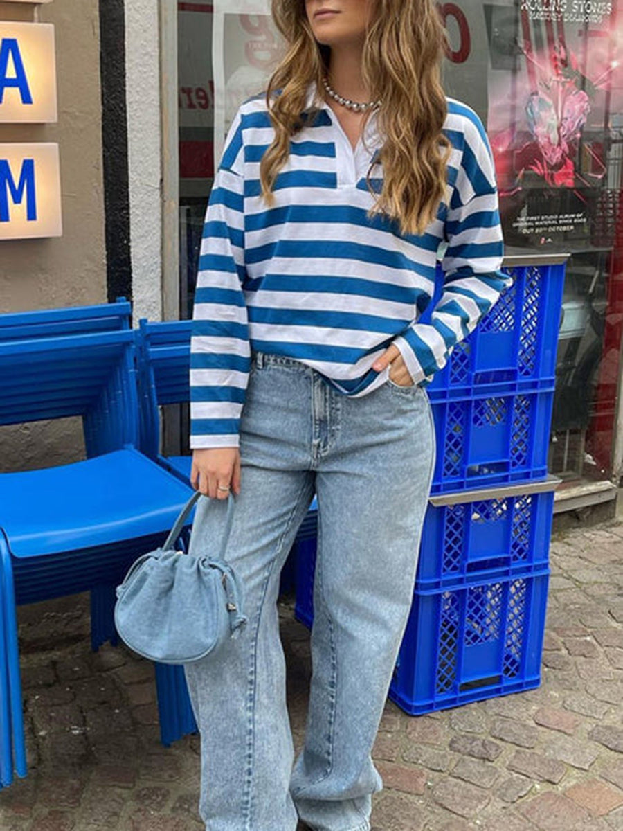 Aiertu  -  Women Baggy Striped Long Sleeve Tee Top Lapel Collared Shirt Y2k Loose Color Block Casual Loose Pullover Fall Streetwear Aiertu