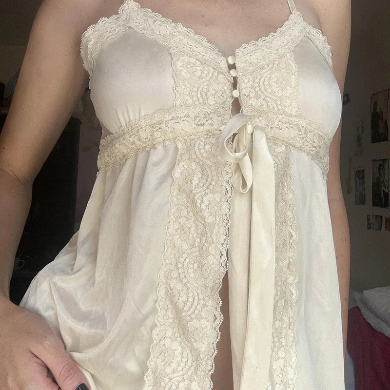 Aiertu  Satin Lace Patchwork Camisoles Fairycore Front Tie-Up Buttons Tank Tops Women Coquette Sleeveless Shirt Crop Tops Y2k Clothes Aiertu