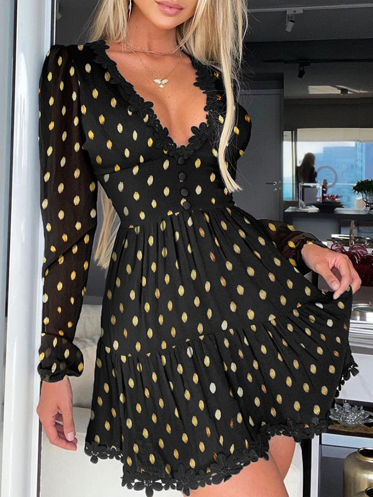 Aiertu Polka Dot Print Lace Trim Ruched Dress Women Sexy Plunge Long Sleeve Flared Mini Dress Aiertu