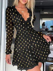 Aiertu Polka Dot Print Lace Trim Ruched Dress Women Sexy Plunge Long Sleeve Flared Mini Dress Aiertu