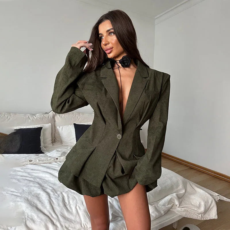 Aiertu  Elegant Jacket Skirt Sets Woman Fashion Deep V Long Sleeve Single Button Slim Blazer Mini Flower Bud Skirts Lady 2 Piece Set Aiertu