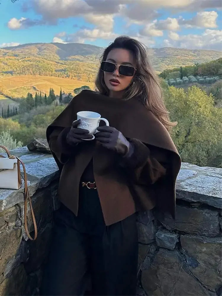 Aiertu  -  Women Fashion Scarf Decorated Woolen Jacket Casual Solid Long Sleeve Loose Warm Overcoat 2026 Autumn Winter New Lady Chic Coat Aiertu