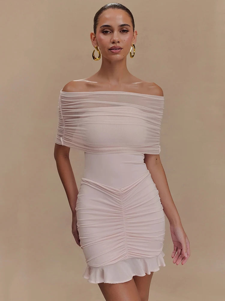 Aiertu  -  Mesh Strapless Off-shoulder Sexy Ruffled Mini Dress For Women Fashion Backless High Waist Female Ruched Party Dress Aiertu