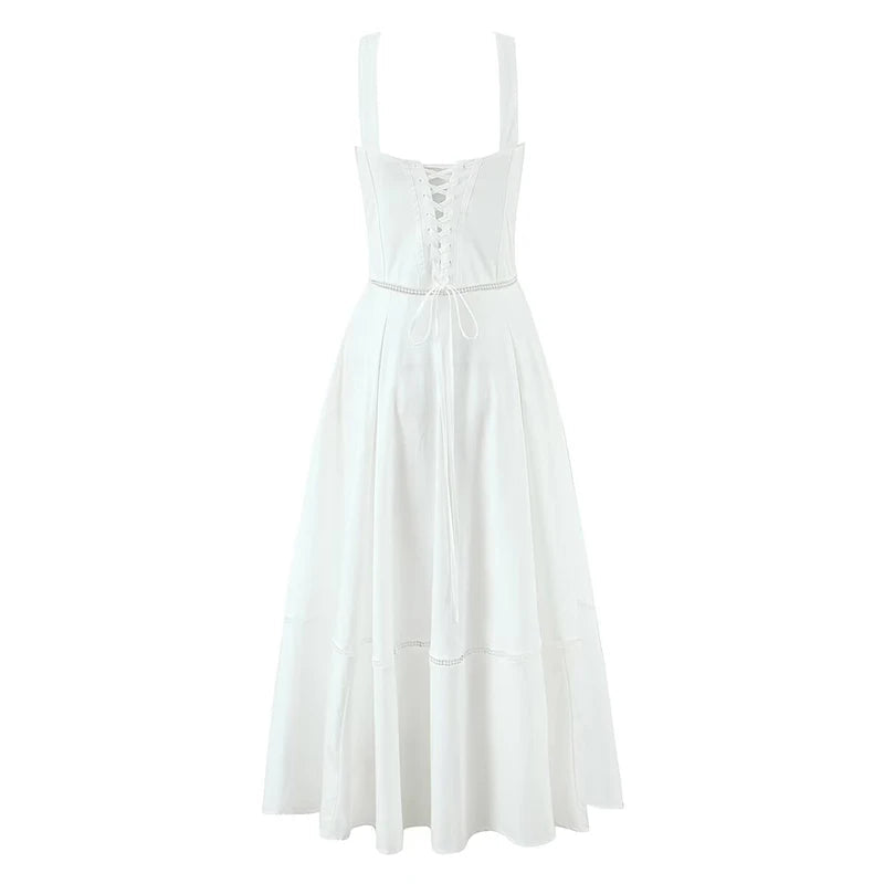 Aiertu  -  Women Corset Style Sling  Summer Dresses 2026 Lace Up Bandage Back A-line Midi Dress White Elegant Party Robe Aiertu