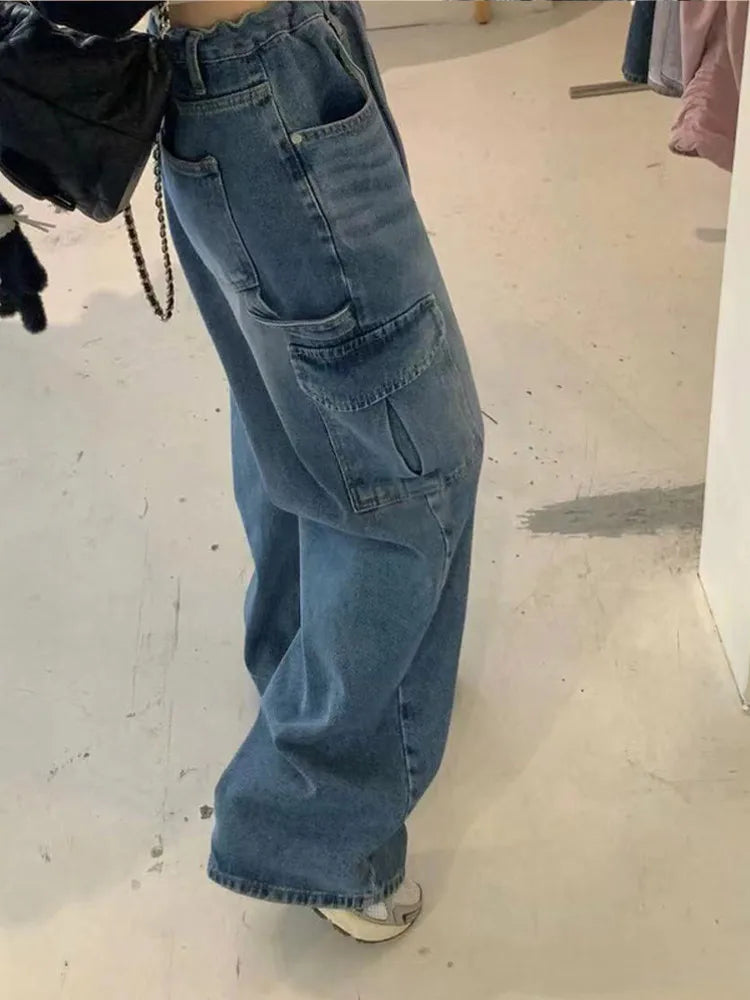 Aiertu  -  Y2K Jeans Women Casual Loose Drawstring High Waist Denim Pant Female Big Pockets Chic Fashion Streetwears Lady Trouser Leg Pants Aiertu