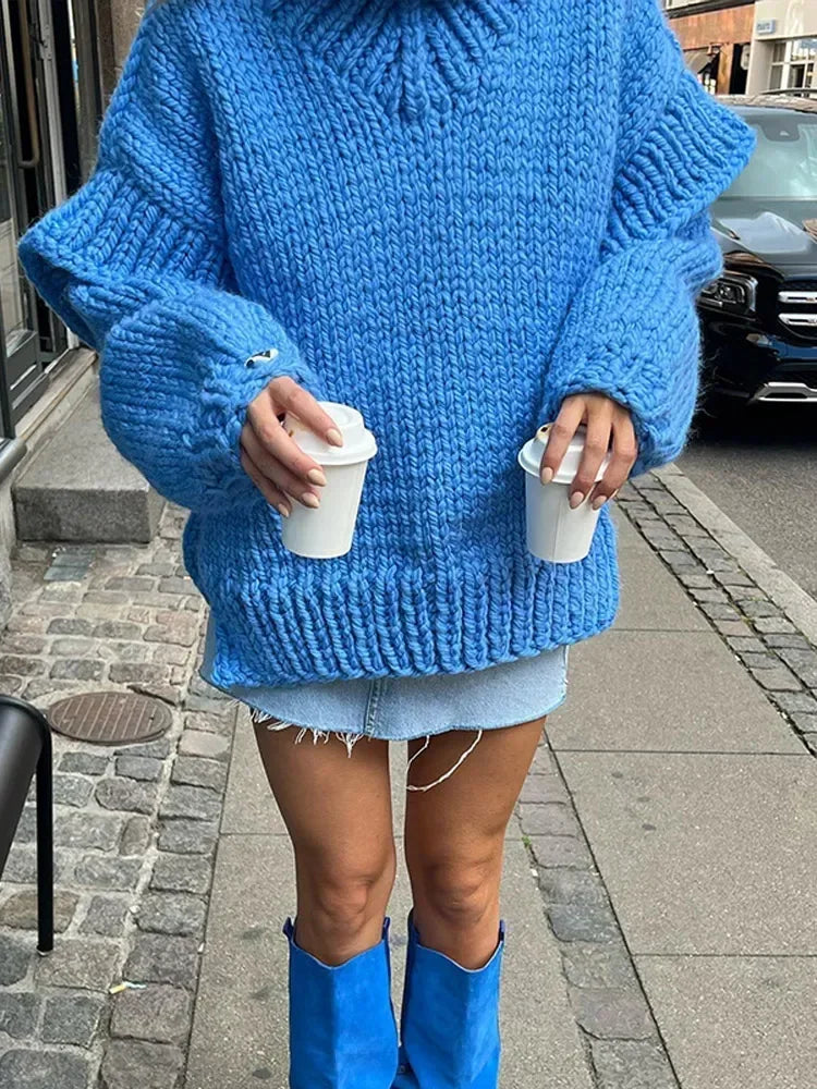 Aiertu  -  Oversized Turtleneck Blue Knitted Pullover For Women Loose Long Lantern Sleeve Sweater Tops Autumn New Lady High Streetwear Aiertu