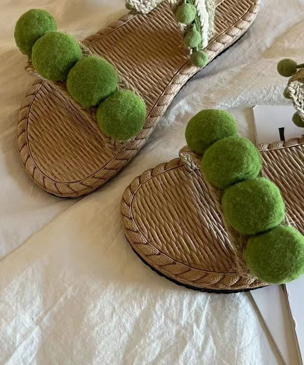 Aiertu  Green Fuzzy Ball Decorated  Splicing Slide Sandals Peep Toe Aiertu