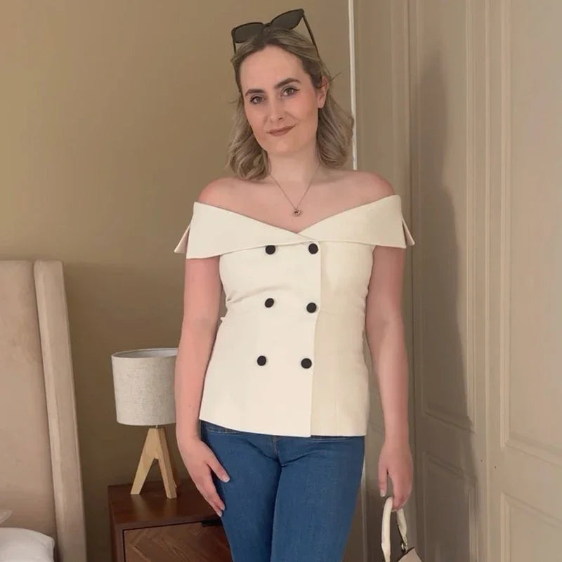 Aiertu  -  Slim Off Shoulder Double-breasted Waistcoat Women Sexy Sleeveless Vest 2026 Summer Autumn Ladies Fashion Elegant Tops Streetwear Aiertu